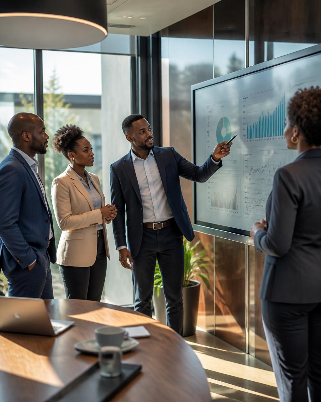 Finance executives reviewing revenue dashboards in a modern boardroom